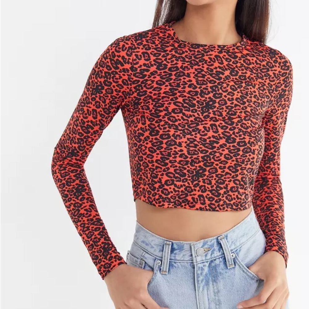 Urban Outfitters UO Wild Ones Red Leopard Long Sleeve Cropped Top